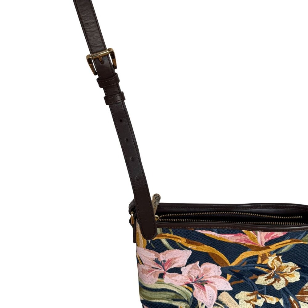 Tommy Bahama Floral Crossbody Bag Embroidered Blue Pink Brown Leather Strap - Picture 9 of 11